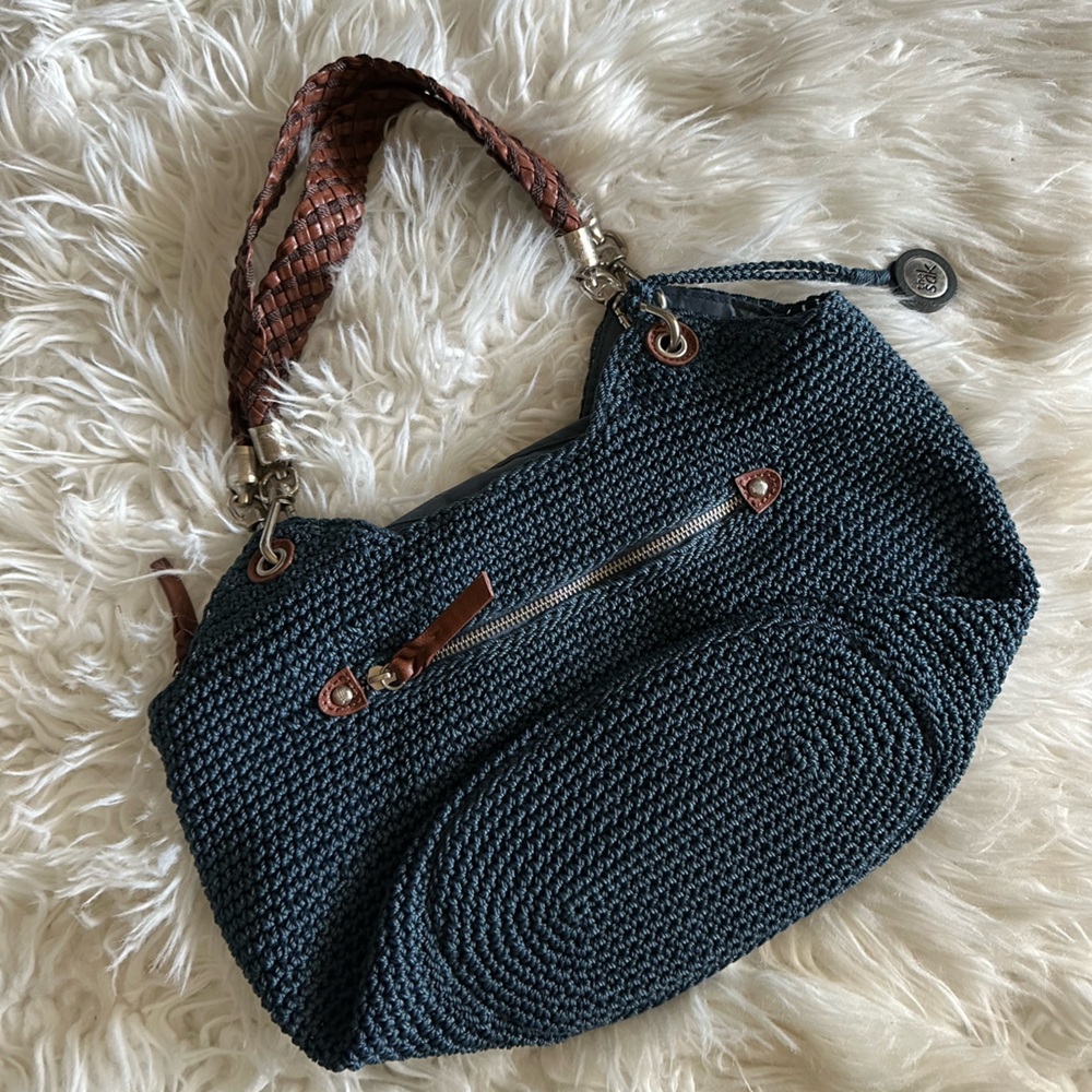THE SAK Shoulder Bag Blue Braided Brown Manmade Leather Straps Silver Hardware